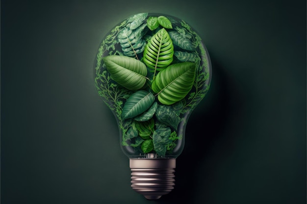 Lâmpada de estilo ecológico verde com folhas Linda imagem colorida IA generativa