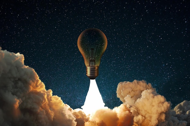 Foto lâmpada de foguete criativa com fumaça e explosão decola com sucesso para o céu estrelado lançamento de negócios e conceito de ideia bem-sucedida