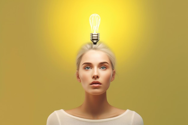 lâmpada de luz brilhante flutuar acima da cabeça de jovem mulher escandinava bela generativa AI AIG32