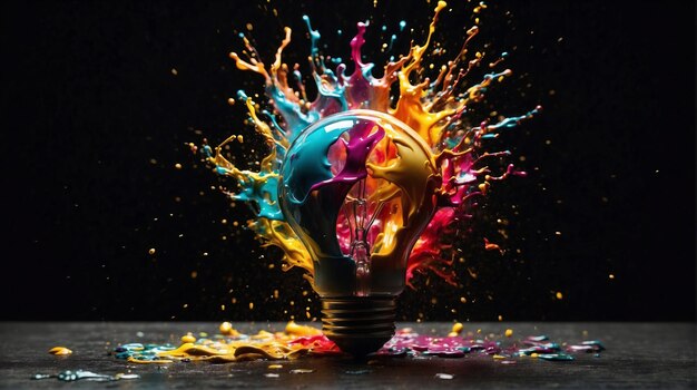 lâmpada de luz criativa explode com pintura colorida em fundo escuro salpico de cor na lâmpada