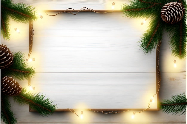 Lâmpada de luzes de natal e decoração de folhas de pinheiro em prancha de madeira branca, design de borda de moldura