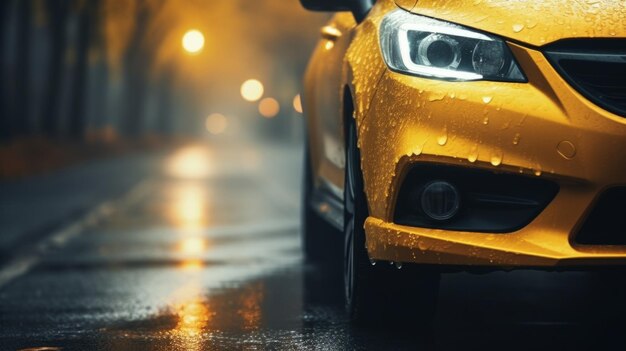 lâmpada de nevoeiro luminosa do carro fechar a estrada molhada de outono no tempo chuva e névoa folha cair em tons amarelos