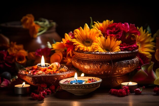 Lâmpada de óleo de Diwali com fundo brilhante de decoração de flores