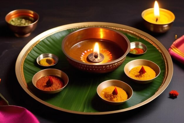 Foto lâmpada de óleo tradicional de kalash pachadi diya e bandeja de pooja thali para o ano novo indiano