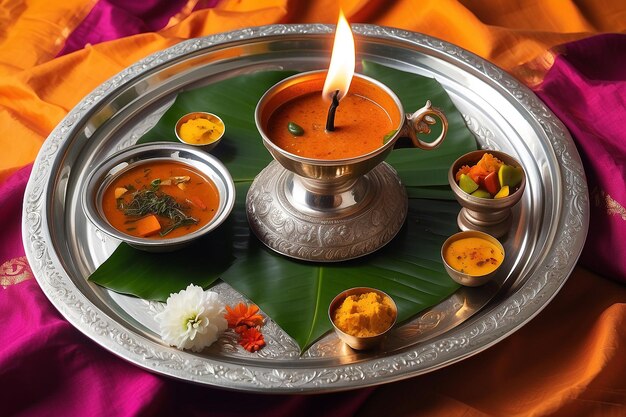 Foto lâmpada de óleo tradicional de kalash pachadi diya e bandeja de pooja thali para o ano novo indiano