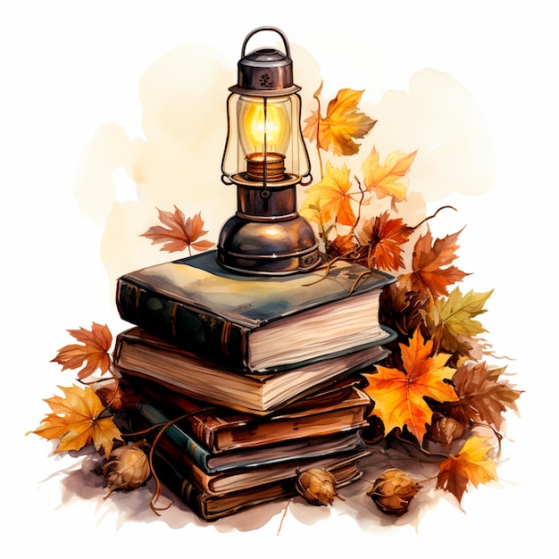 Lâmpada de outono de outono com livros antigos Luzes de outono acolhedor outono AI aquarela generativo