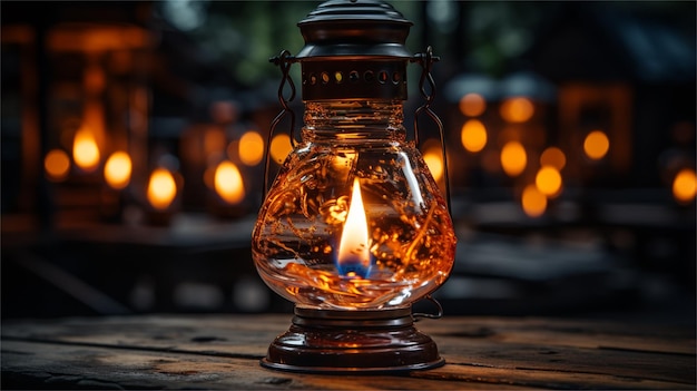 Lâmpada de querosene com velas queimadas em uma mesa de madeira no escuro