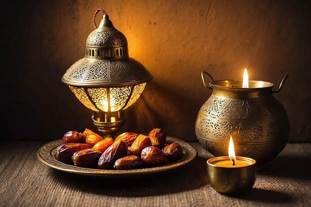 Lâmpada de Ramadã e datas de natureza morta
