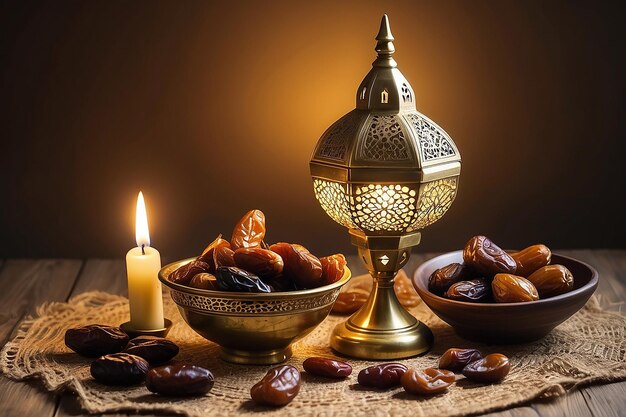 Lâmpada de Ramadã e datas de natureza morta