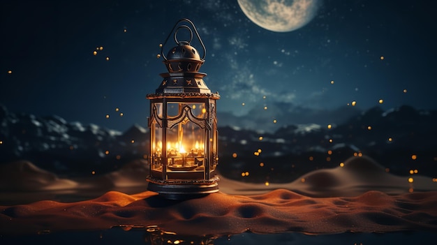 Lâmpada de Ramadã no deserto com a lua Generative Ai