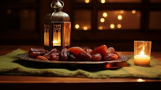 Lâmpada de Ramadan e datas em fundo de iluminação de madeira