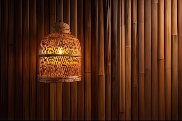 Lâmpada de rattan de vime pendurada em uma parede de bambu com espaço de cópia