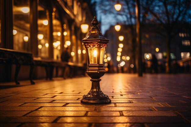 Foto lâmpada de rua vintage lançando brilho quente na calçada