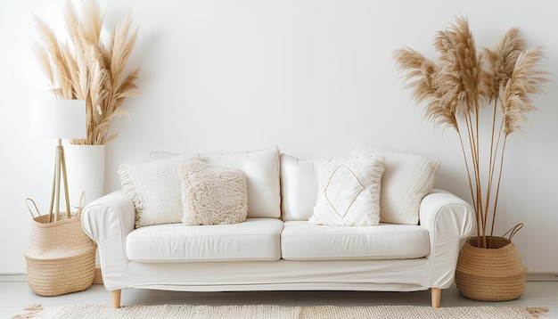 Lâmpada de sofá branca aconchegante e vaso com grama de pampas isolada em fundo branco