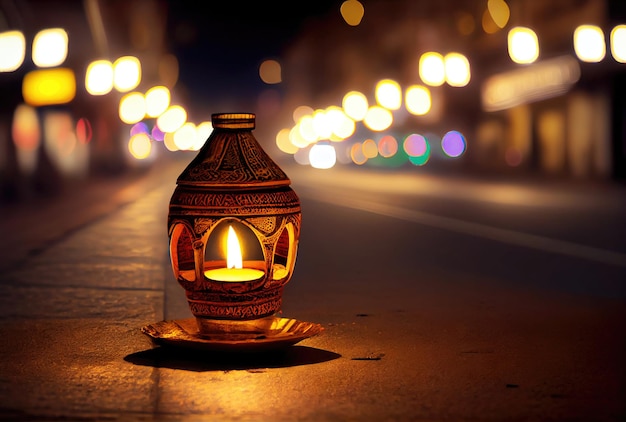 Foto lâmpada diya com luz bokeh na rua do centro no festival diwali generative ai