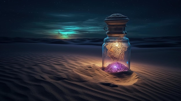Foto lâmpada dos desejos no deserto generative ai