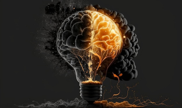 Lâmpada e cérebro humano com dentro de uma lâmpada é um cérebro humano luminoso contra um fundo escuro Generative AI