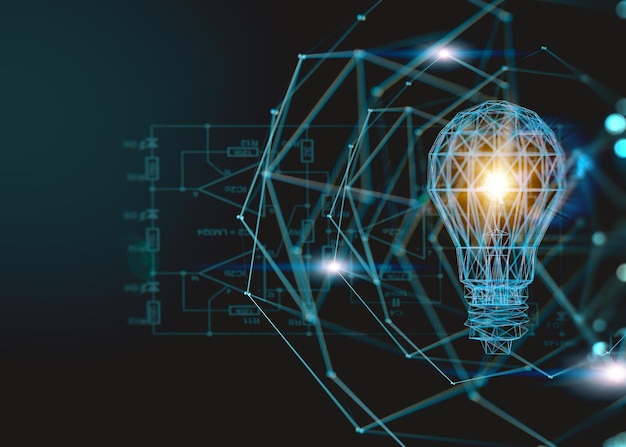 Lâmpada e conceito de ideias e avanços tecnológicos Tecnologia inovadora na ciência