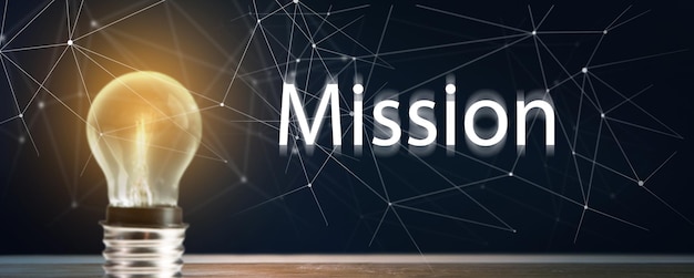 Lâmpada e rede virtual com inscrição de missão