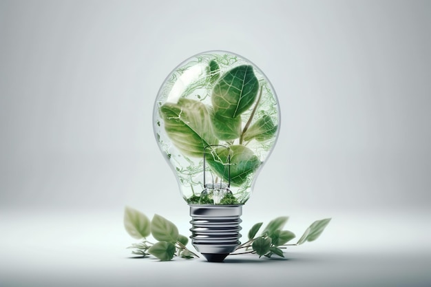 Lâmpada ecológica com folha verde e árvore de energia renovável Energia renovável até 2050 Energia neutra em carbono Economize energia conceito de ideia criativa Generative Ai