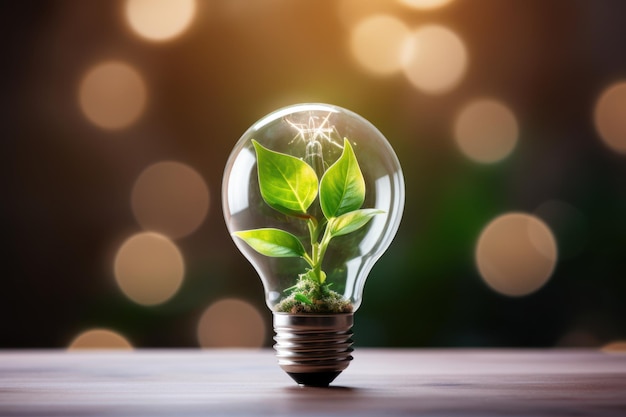 lâmpada ecológica com plantas de fundo verde energia renovável e sustentável IA geradora