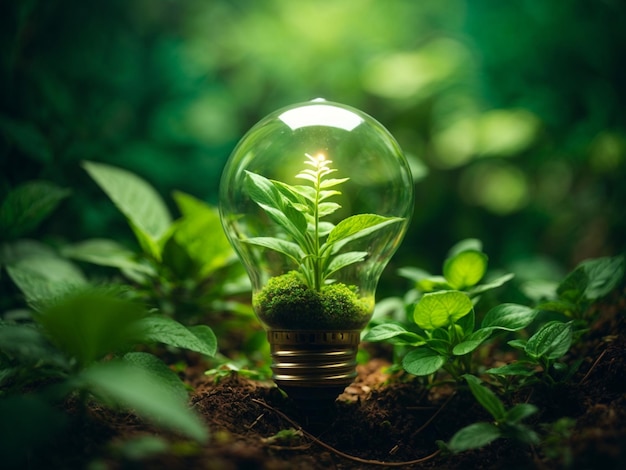 Foto lâmpada ecológica com plantas de fundo verde