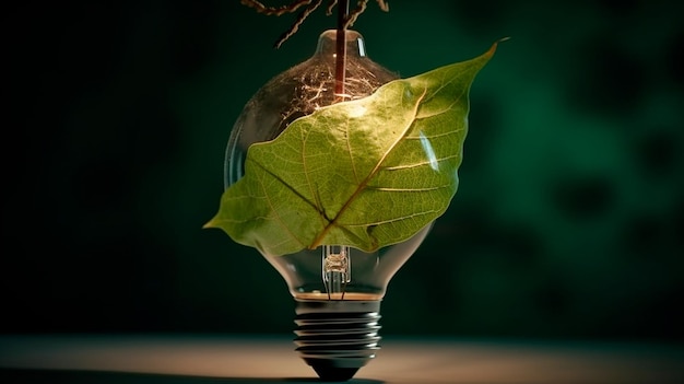 Foto lâmpada ecológica de folhas frescas, top vie conceito de energia renovável e ia generativa de vida sustentável