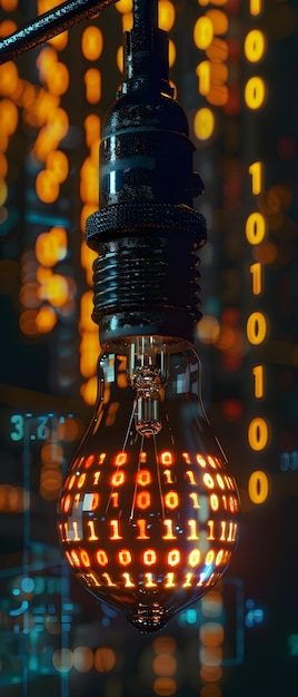 Foto lâmpada edison de luz feita de codificação de programa 01001 em um fundo escuro isolado codificação de energia