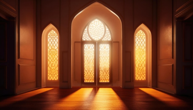 Lâmpada elegante real com portão sagrado de entrada da mesquita Ramadan Kareem Eid Mubarak Generative Ai