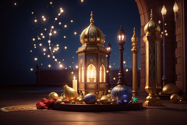 lâmpada elegante real ramadan kareem eid mubarak com portão sagrado da mesquita com fogos de artifício