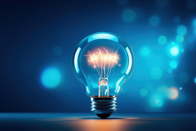 lâmpada elétrica incandescente em um fundo azul O conceito de economia de eletricidade Brainstorming conceito geração de IA