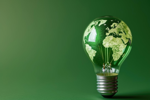 Lâmpada em forma de terra com textura verde em fundo escuro representando energia e inovação ecológicas