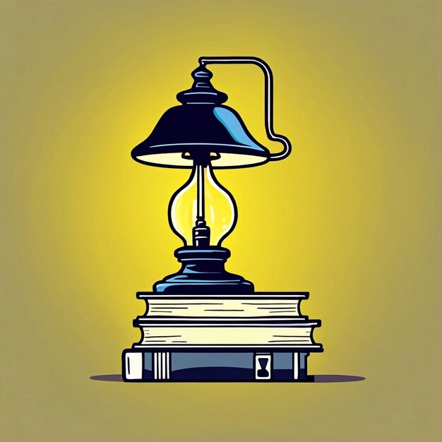 Foto lâmpada em uma pilha de livros em um fundo amarelo