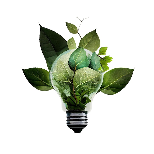 Lâmpada feita de folhas verde energia renovável tecnologia sustentável redução de co2 eco amigável