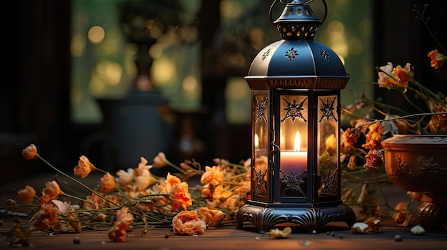 Lâmpada iluminada de Ramadan Kareem Lantern com fundo de mesquita sereno