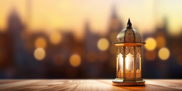 Lâmpada iluminada de Ramadan Kareem Lantern com fundo de mesquita sereno