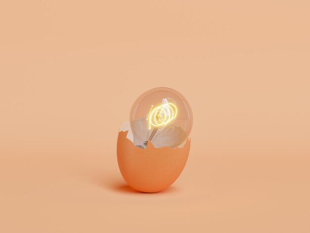 lâmpada iluminada dentro de uma casca de ovo quebrada. renderização em 3D
