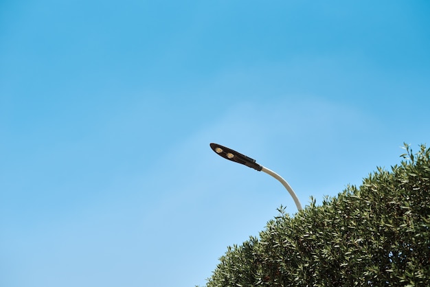 Lâmpada led economizadora de energia em poste de luz contra o céu azul, close-up