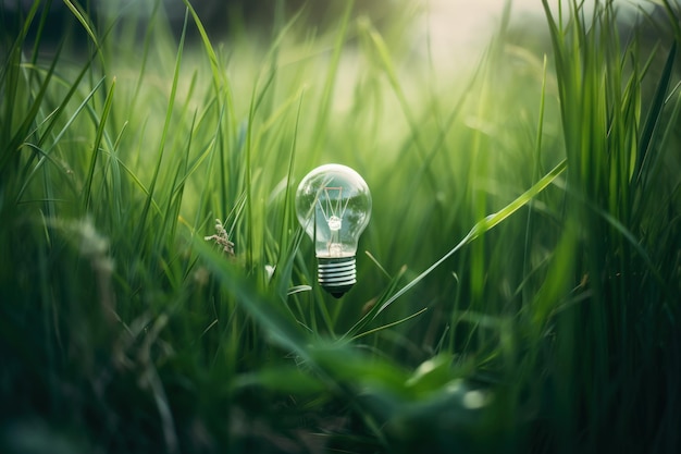 Lâmpada na grama verde Foto minimalista e sonhadora em close com cores contrastantes e detalhes Imagem de alta qualidade para soluções de iluminação inovadoras e ecologicamente corretas