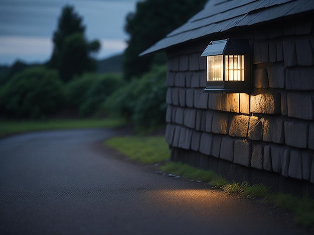 Lâmpada no telhado de uma casa na aldeia à noite