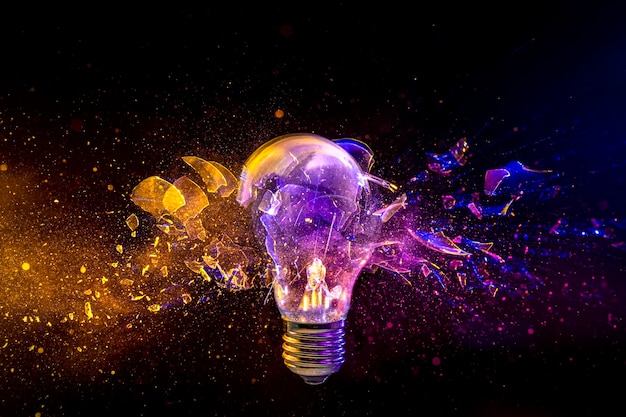 lâmpada quebrando no conceito de fundo preto de criatividade e inovação