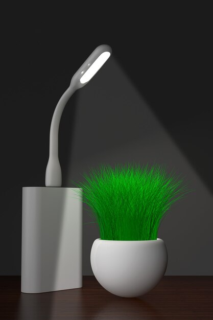 Lâmpada usb led com powerbank e grama no plantador em um fundo branco. renderização 3d