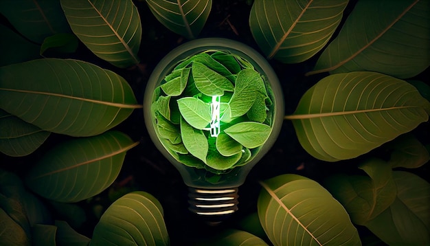 Foto lâmpada verde ecológica de folhas frescas, conceito de visão superior de energia renovável e ia generativa de vida sustentável