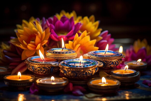 Lâmpadas a óleo e velas acesas à noite durante a celebração do diwali