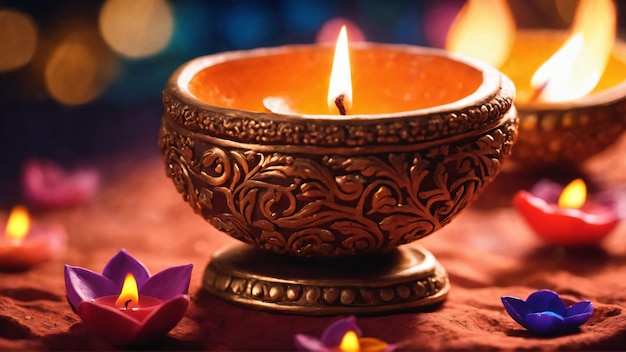 Lâmpadas coloridas de argila diya acesas durante a celebração do diwali