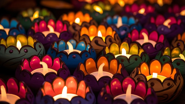 Lâmpadas coloridas de argila Diya acesas durante a celebração do Diwali