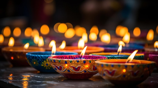 Lâmpadas coloridas Diya acesas durante a celebração do Diwali