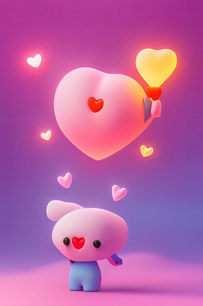 Foto lâmpadas com fundo de corações brilhantes para o amor dos namorados com personagem de desenho animado