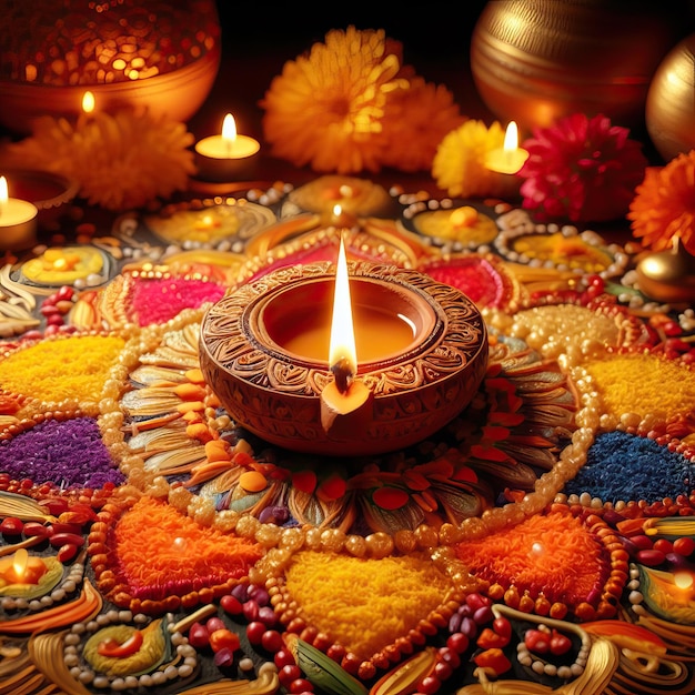 Lâmpadas de argila coloridas com flores em um fundo roxo Feliz Diwali Índia IA Gerativa