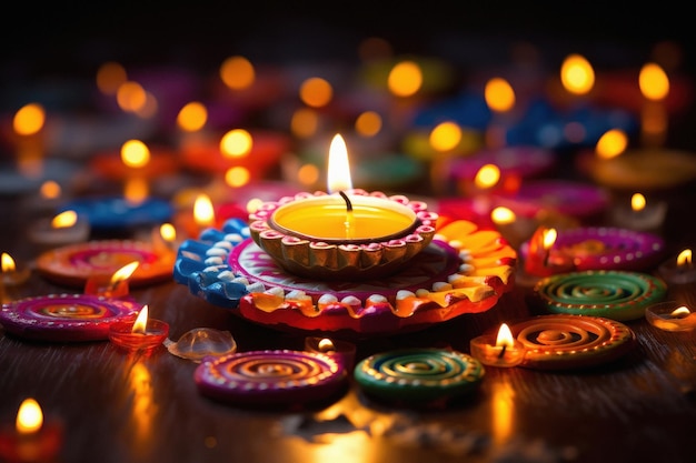 Foto lâmpadas de barro coloridas acesas durante a celebração de diwali feliz diwali